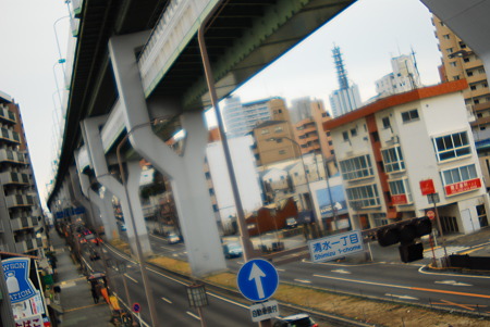 Shimizu icchoume crossing the footbridge.