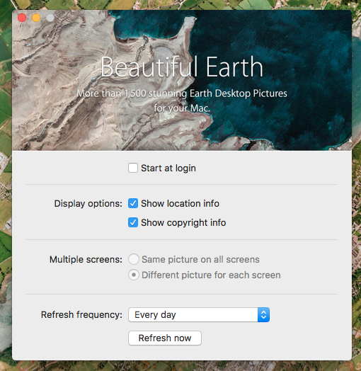 一定間隔ごとに衛星写真から作られた壁紙を切り替えるMac用アプリ「Beautiful Earth」- 3：設定画面
