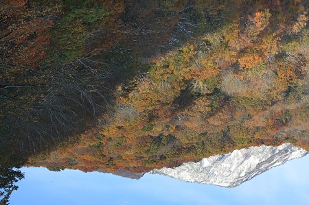 2010.10.28 蔦温泉 蔦沼 沼面へ冠雪の山