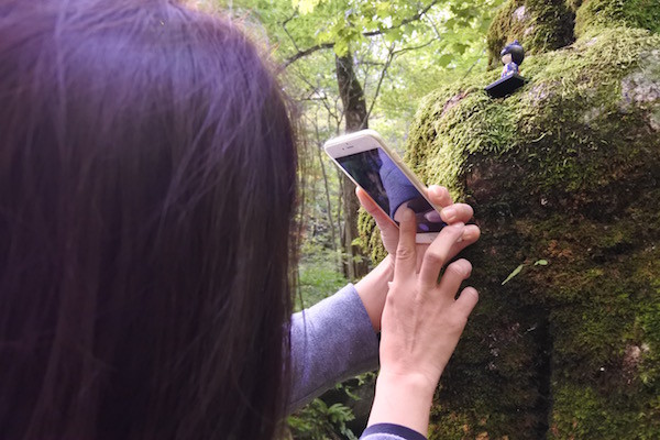 木に和装の女の子を置いてiPhoneで撮影する家内